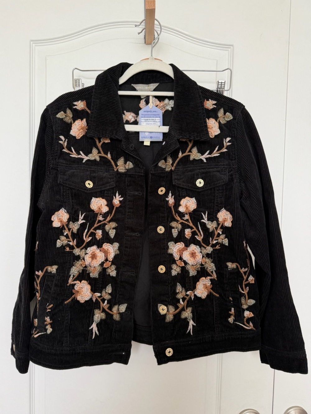 NWT April Cornell Black Montreal Corduroy Jacket with Floral Embroidery size L